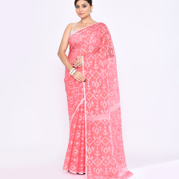 Piyari Fashion Women's Salmon Embellished Cotton Blend Jamdani Saree - Distacart
