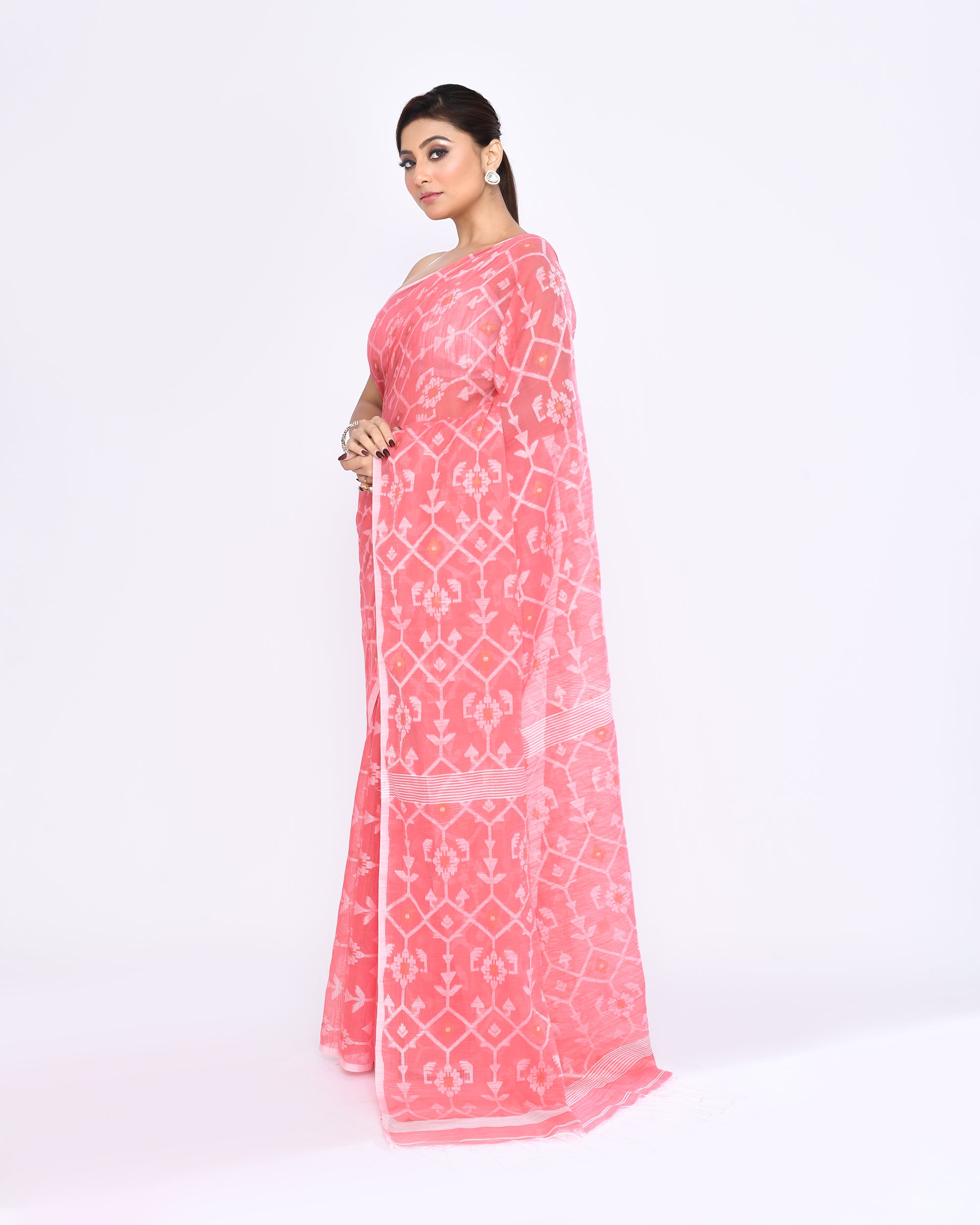 Piyari Fashion Women's Salmon Embellished Cotton Blend Jamdani Saree