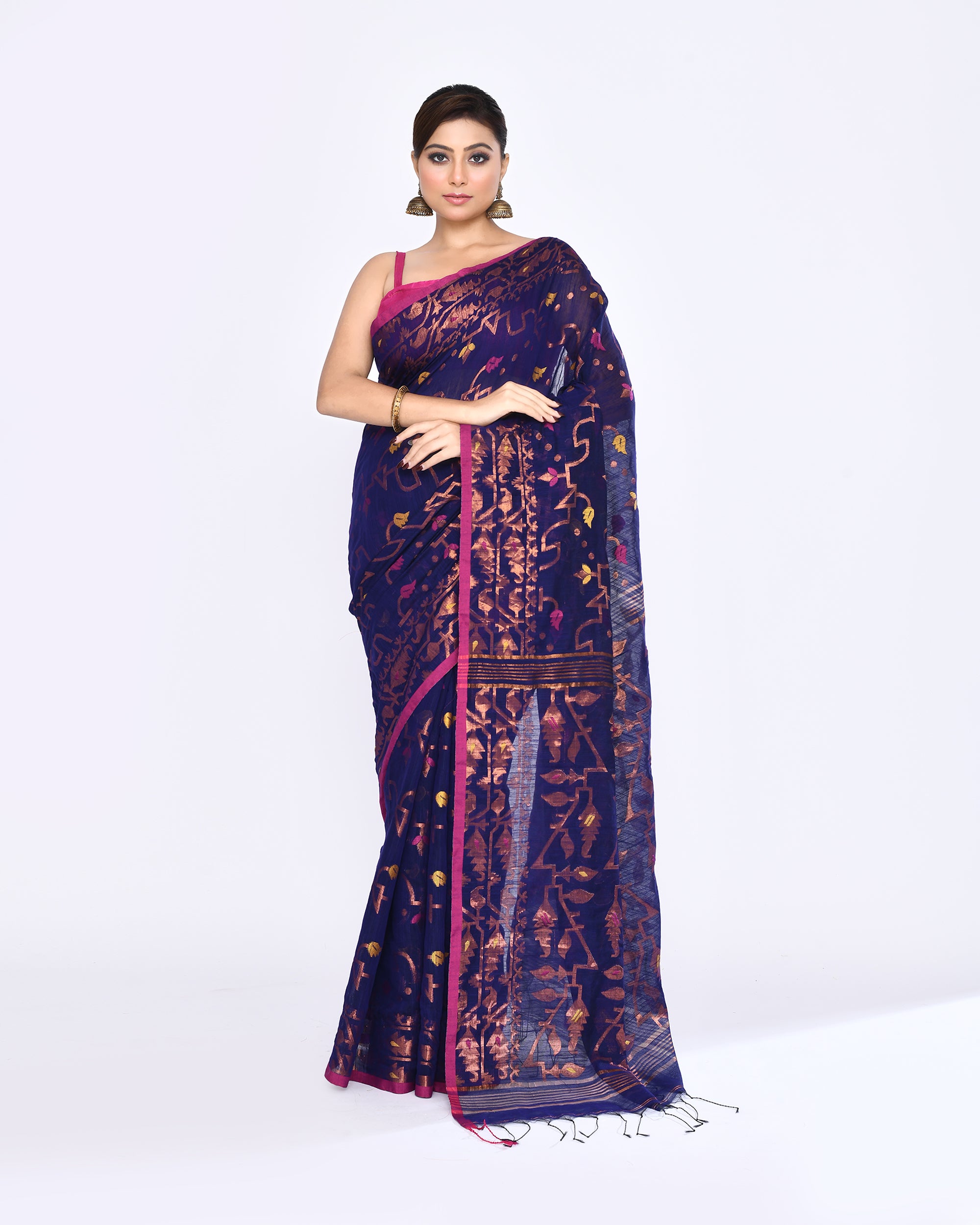 Piyari Fashion Women's Blue Embellished Cotton Blend Jamdani Saree
