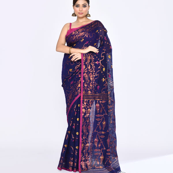 Piyari Fashion Women's Blue Embellished Cotton Blend Jamdani Saree - Distacart