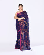Thumbnail for Piyari Fashion Women's Blue Embellished Cotton Blend Jamdani Saree