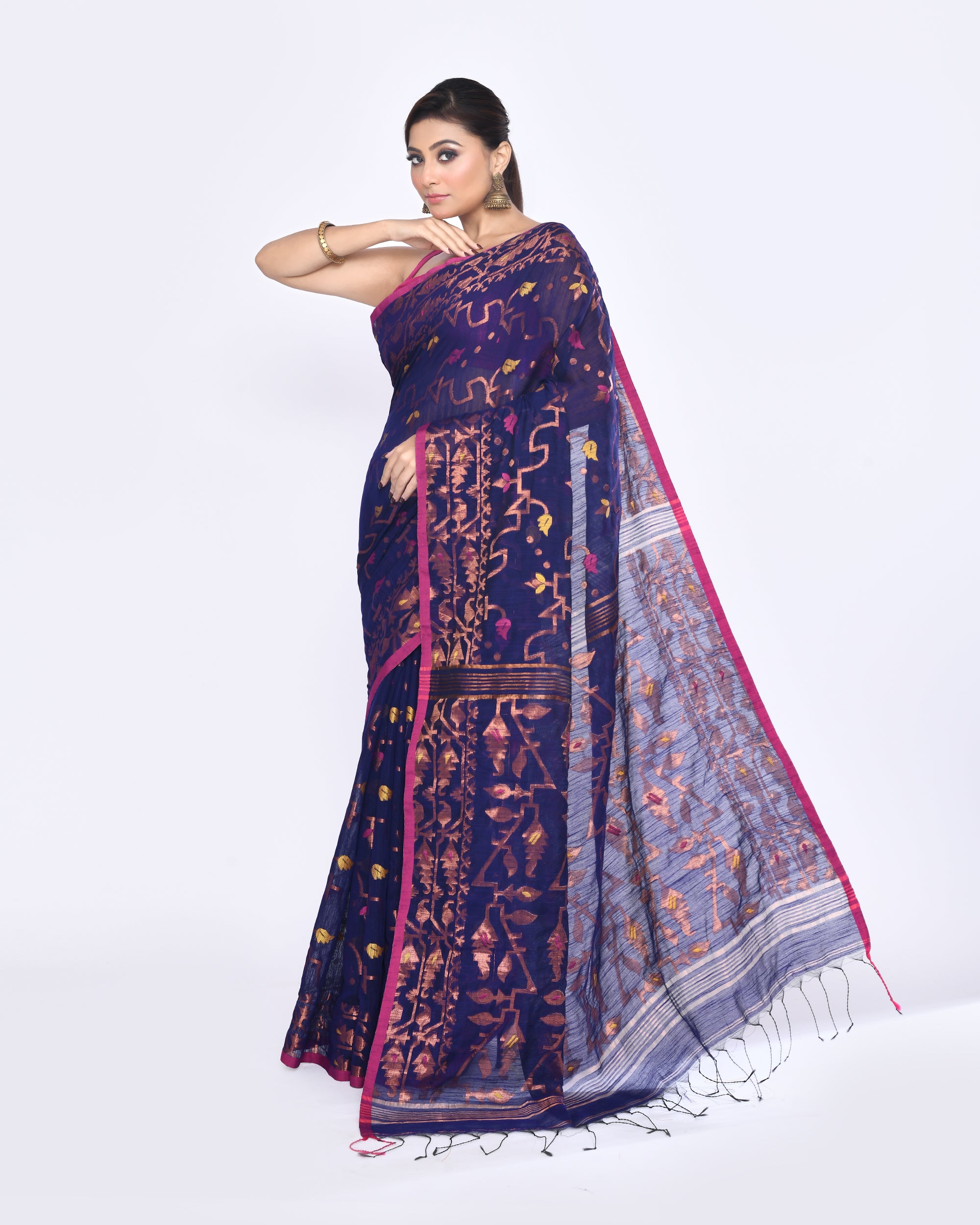 Piyari Fashion Women's Blue Embellished Cotton Blend Jamdani Saree