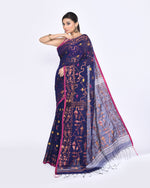 Thumbnail for Piyari Fashion Women's Blue Embellished Cotton Blend Jamdani Saree