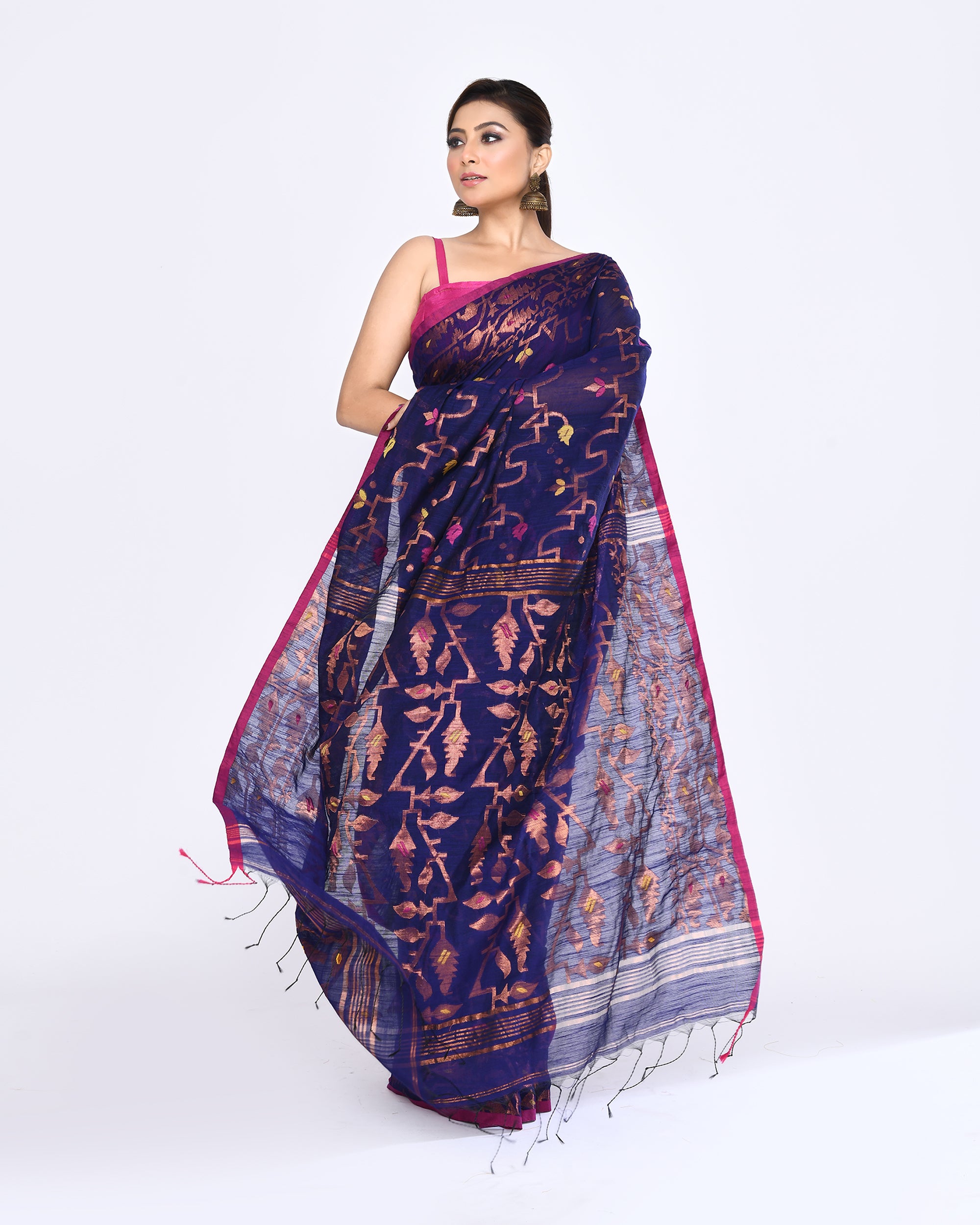 Piyari Fashion Women's Blue Embellished Cotton Blend Jamdani Saree