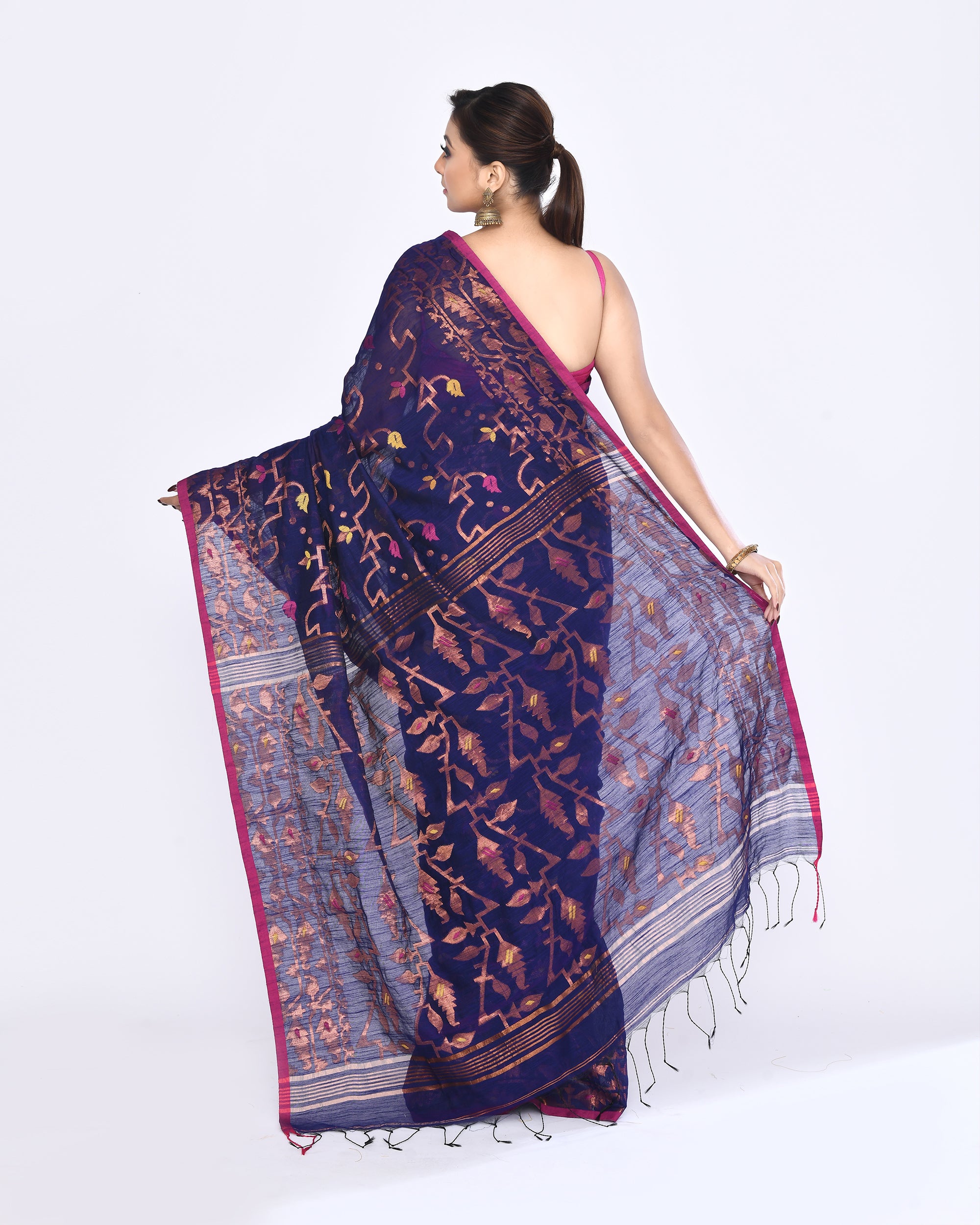 Piyari Fashion Women's Blue Embellished Cotton Blend Jamdani Saree