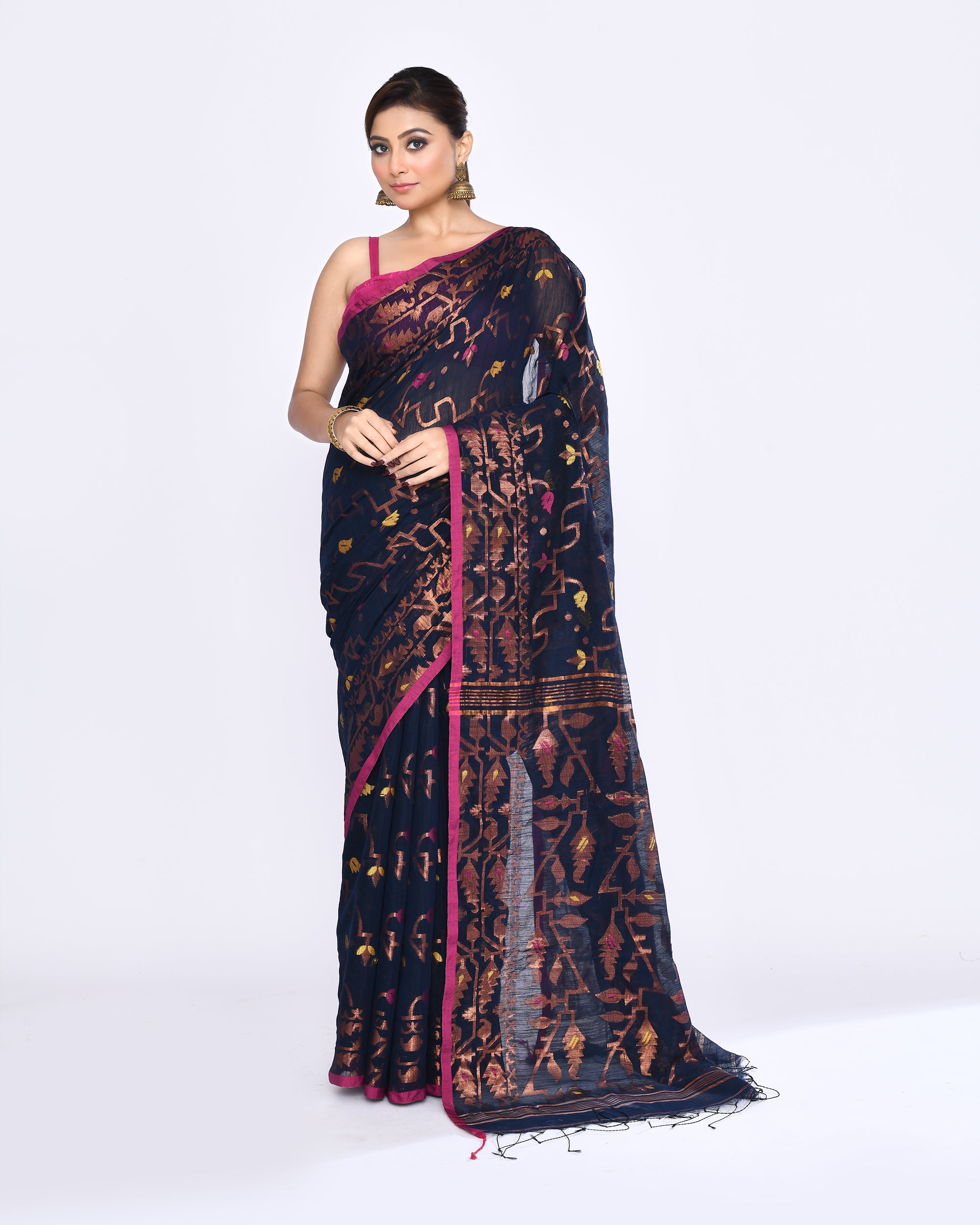 Piyari Fashion Women's Navy Blue Embellished Cotton Blend Jamdani Saree