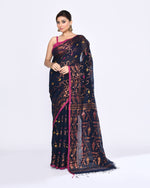 Thumbnail for Piyari Fashion Women's Navy Blue Embellished Cotton Blend Jamdani Saree