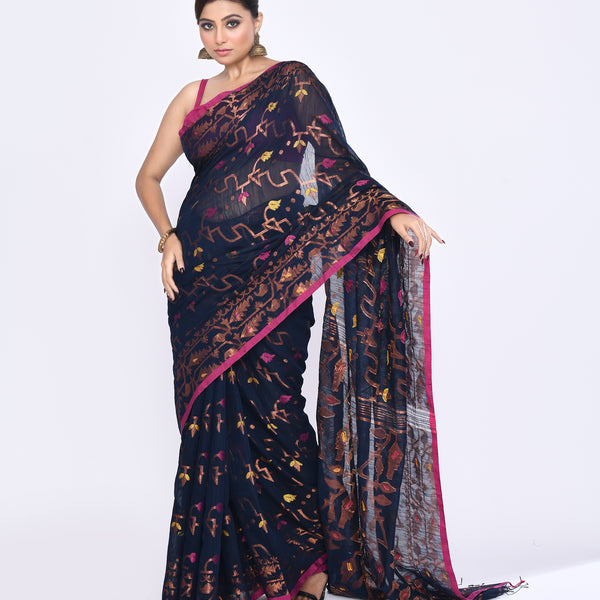Piyari Fashion Women's Navy Blue Embellished Cotton Blend Jamdani Saree - Distacart