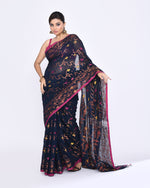 Thumbnail for Piyari Fashion Women's Navy Blue Embellished Cotton Blend Jamdani Saree