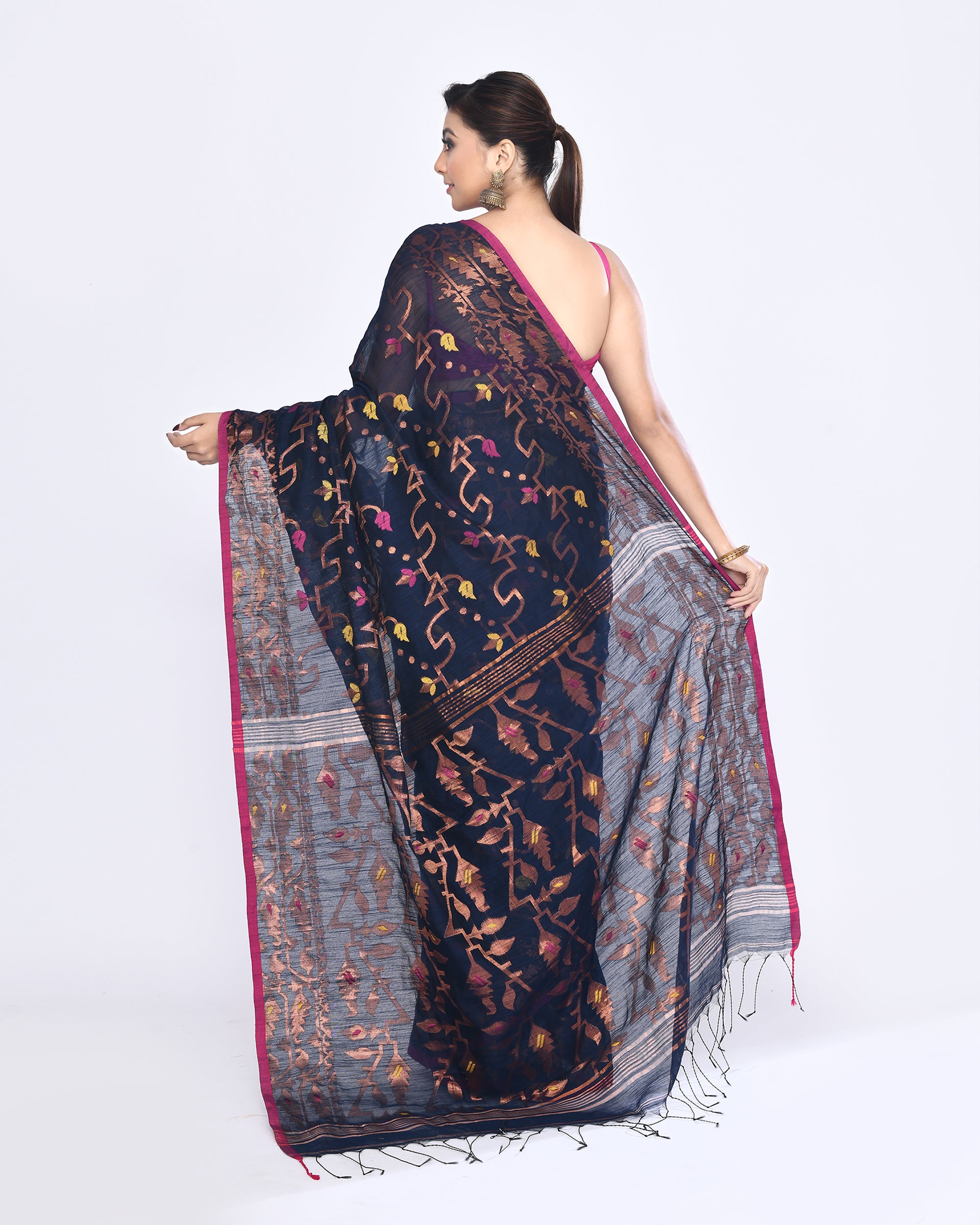 Piyari Fashion Women's Navy Blue Embellished Cotton Blend Jamdani Saree