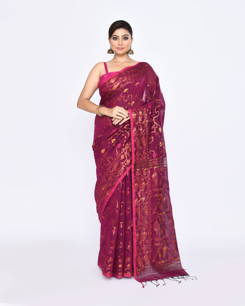 Piyari Fashion Women's Pink Embellished Cotton Blend Jamdani Saree