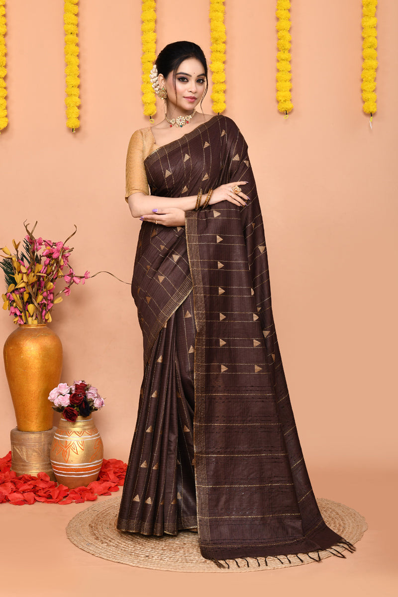 Piyari Fashion Women's Brown Blend Silk Handloom Saree With Blouse