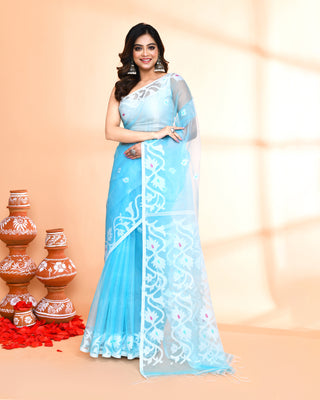 Piyari Fashion Women`s Aqua Hand Work Art Silk Jamdani Saree With Blouse