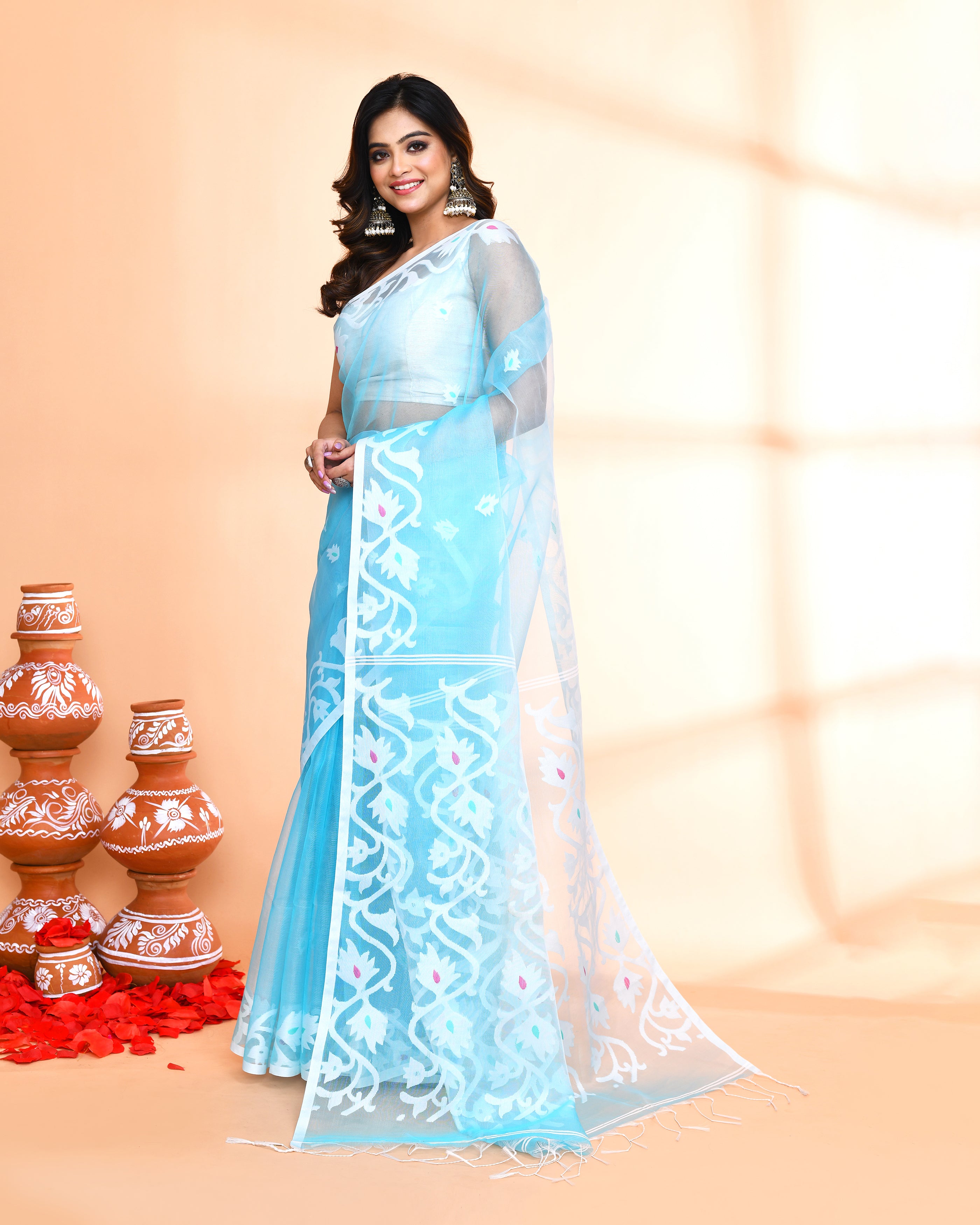 Piyari Fashion Women`s Aqua Hand Work Art Silk Jamdani Saree With Blouse