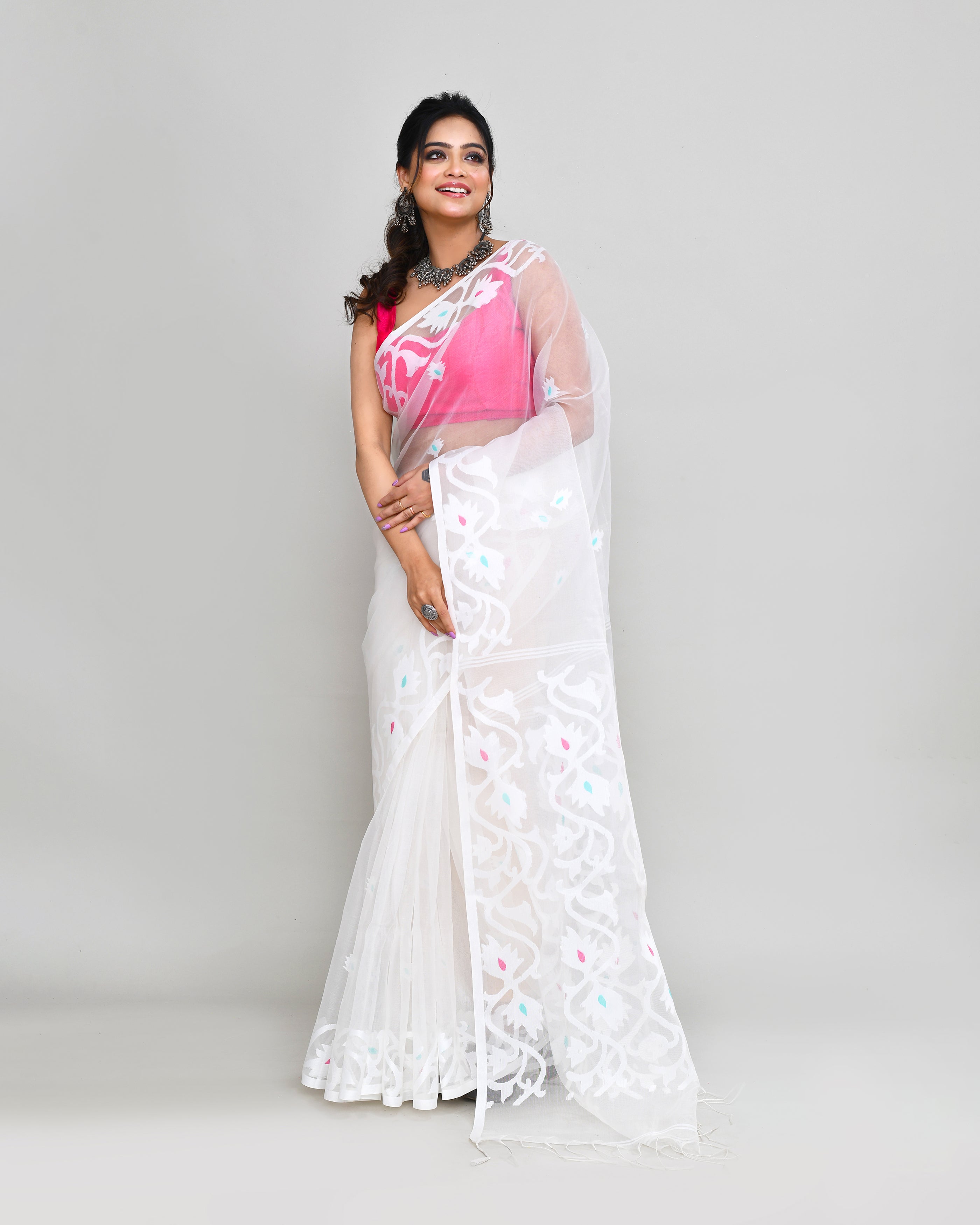 Piyari Fashion Women`s White Hand Work Art Silk Jamdani Saree With Blouse