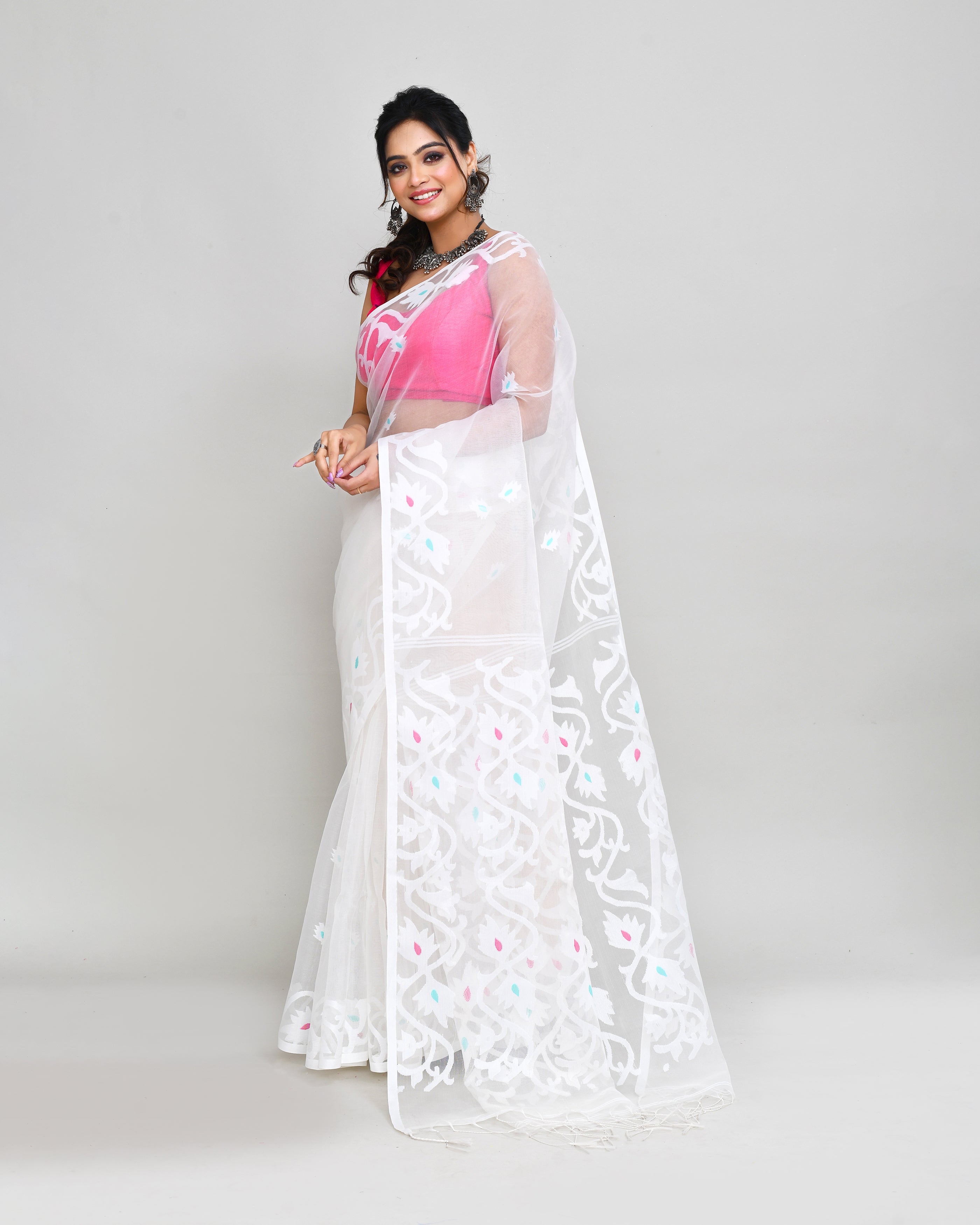 Piyari Fashion Women`s White Hand Work Art Silk Jamdani Saree With Blouse