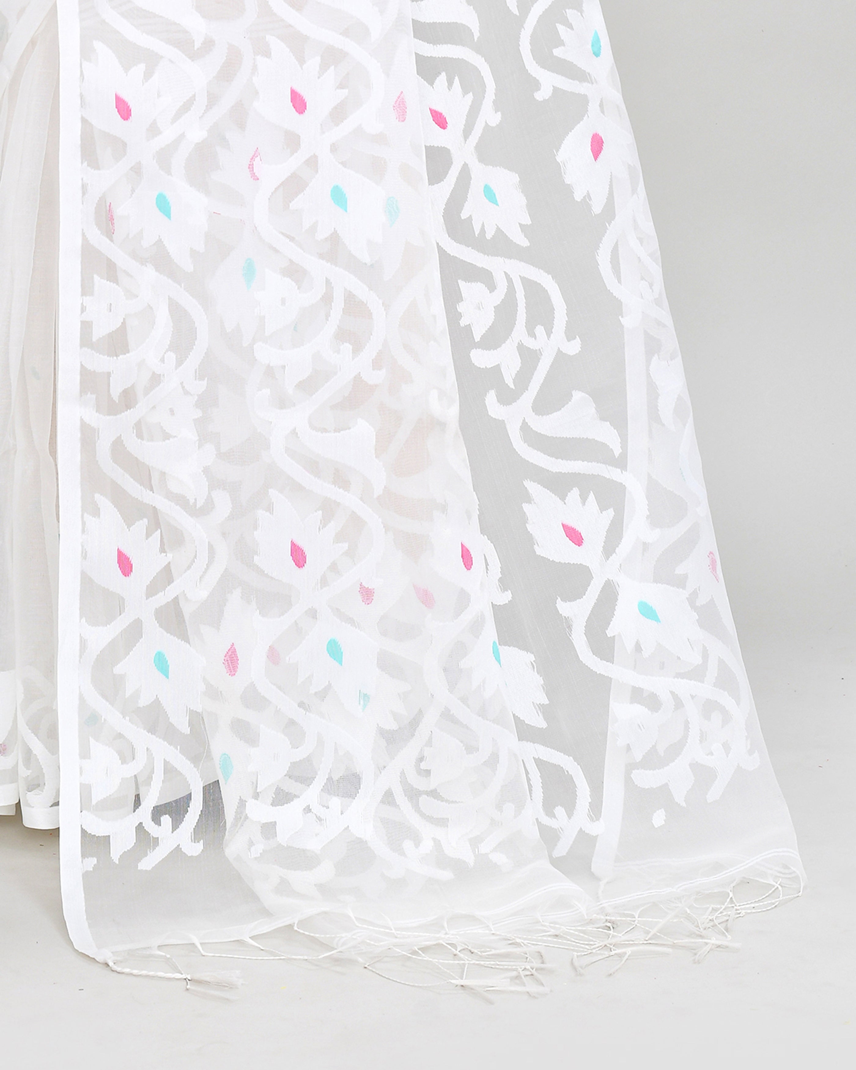 Piyari Fashion Women`s White Hand Work Art Silk Jamdani Saree With Blouse