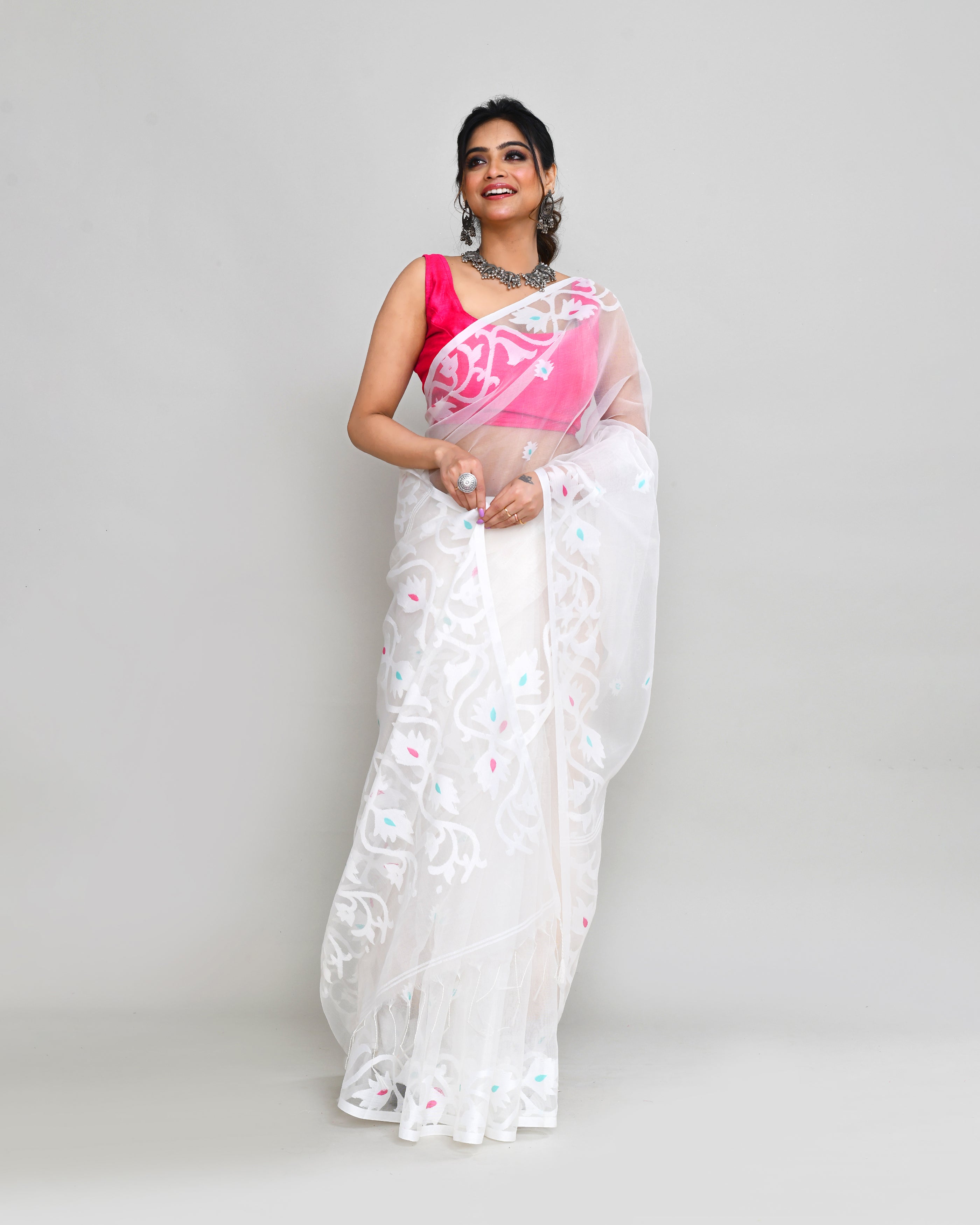Piyari Fashion Women`s White Hand Work Art Silk Jamdani Saree With Blouse