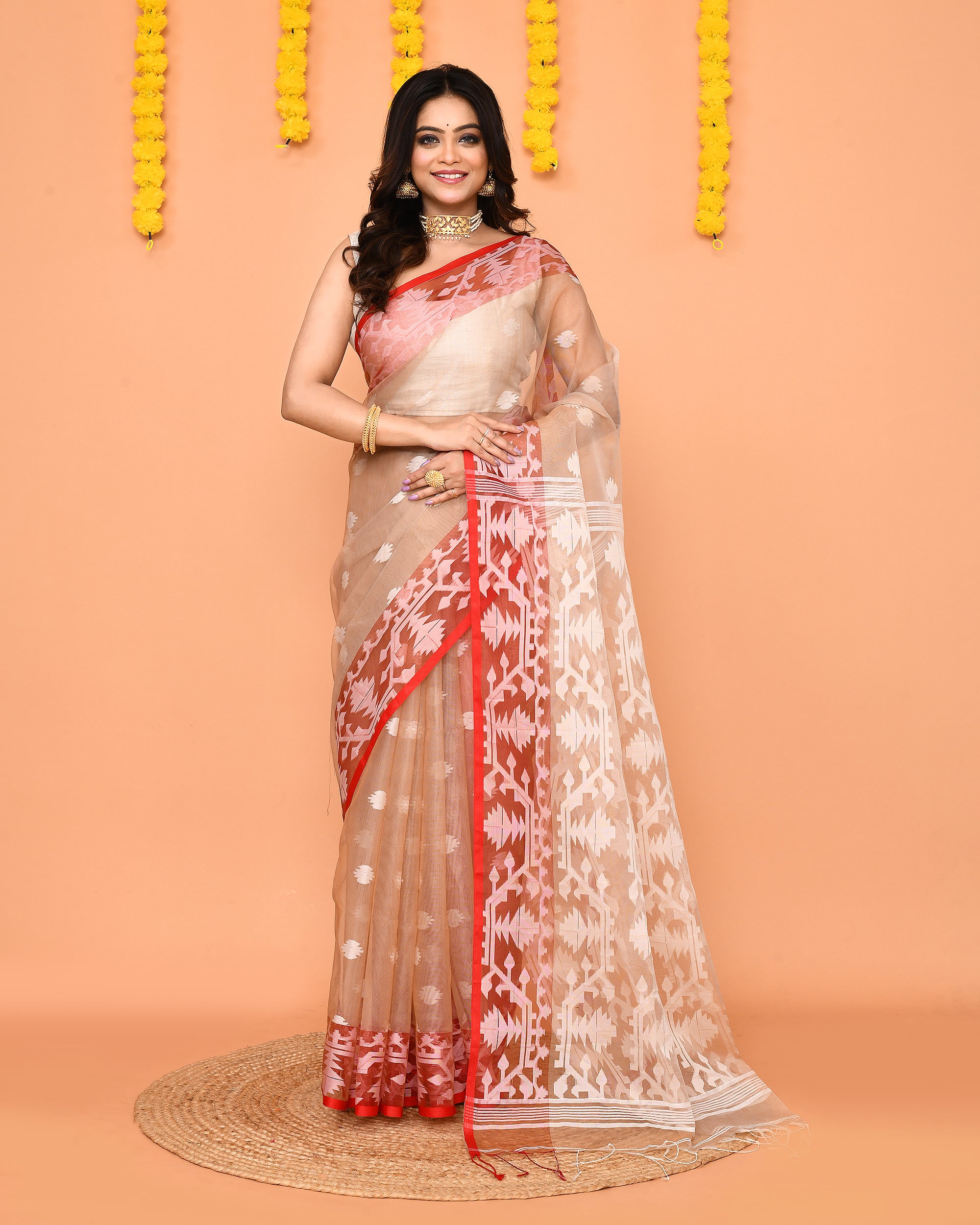 Piyari Fashion Women's Tan Resham Silk Jamdani Saree