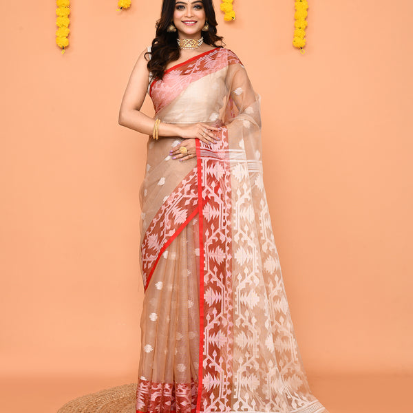 Piyari Fashion Women's Tan Resham Silk Jamdani Saree