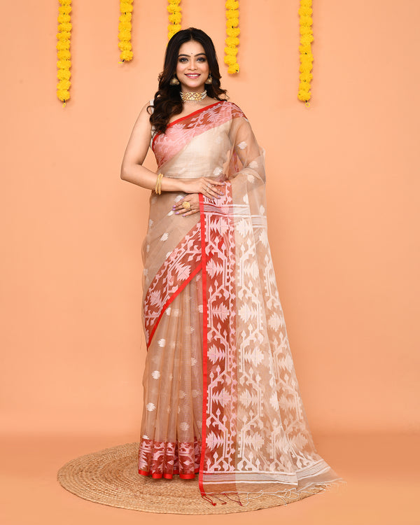 Piyari Fashion Women's Tan Resham Silk Jamdani Saree