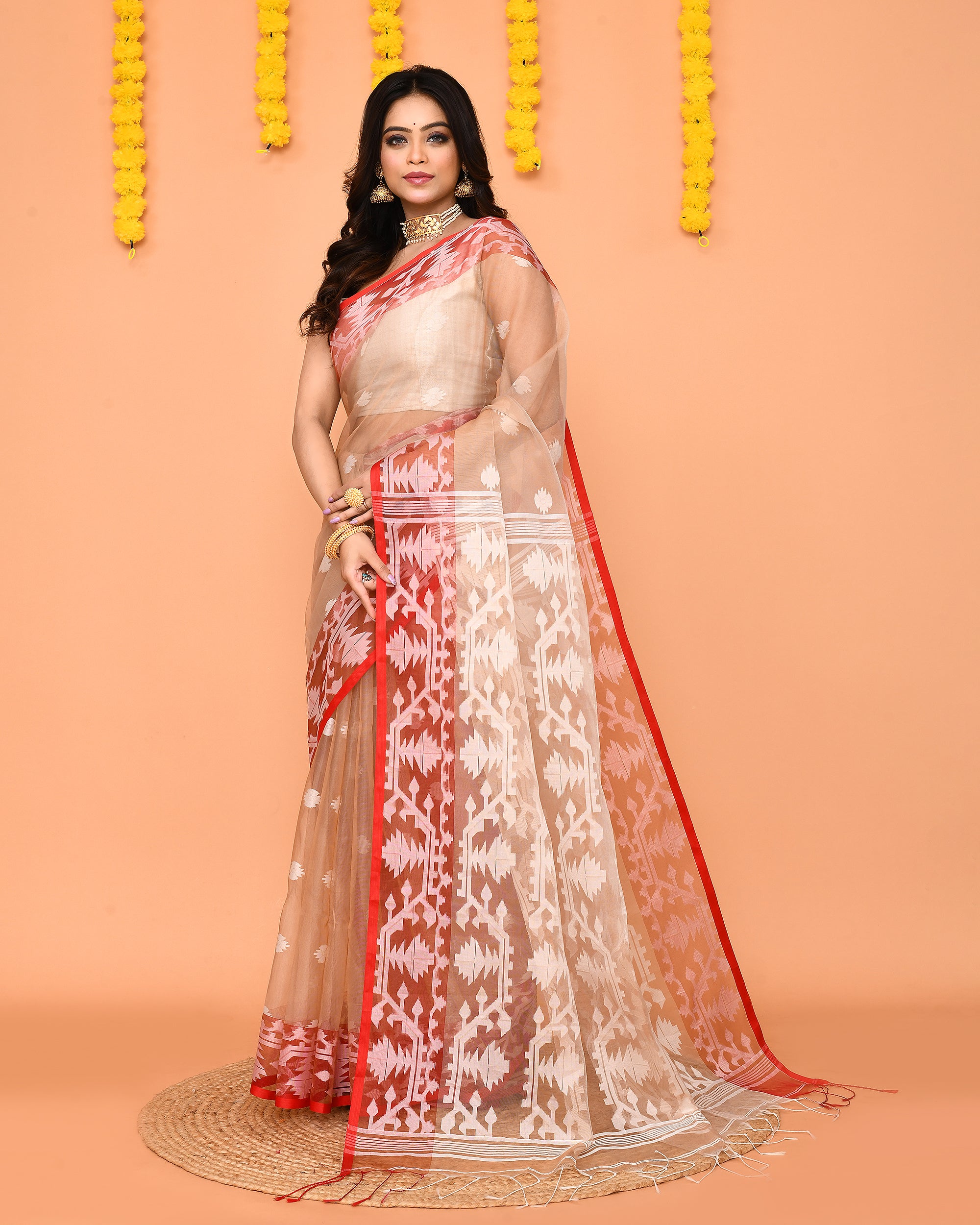 Piyari Fashion Women's Tan Resham Silk Jamdani Saree