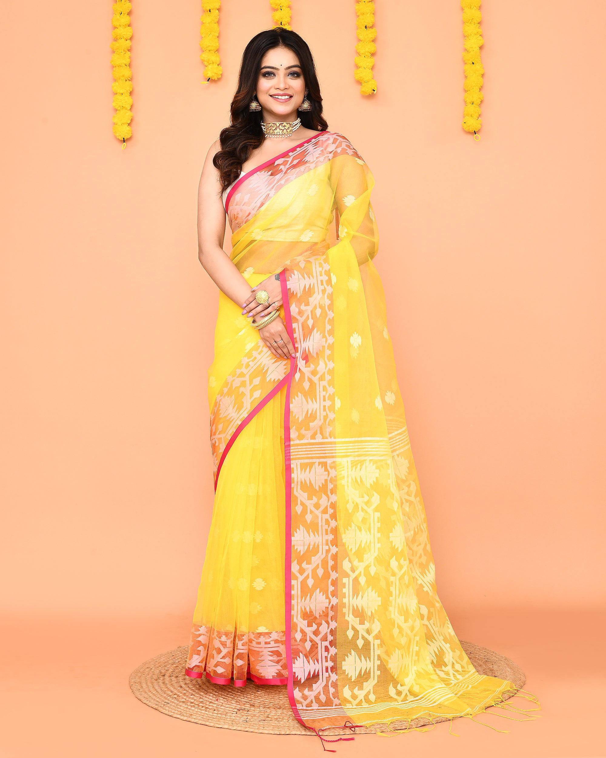 Piyari Fashion Women's Yellow Resham Silk Jamdani Saree