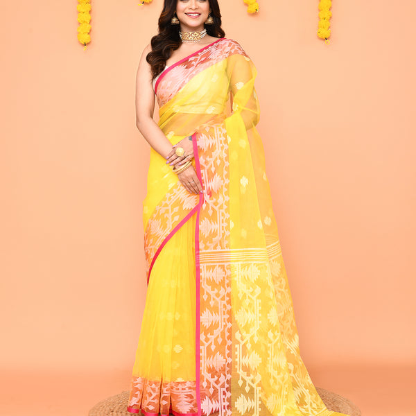 Piyari Fashion Women's Yellow Resham Silk Jamdani Saree