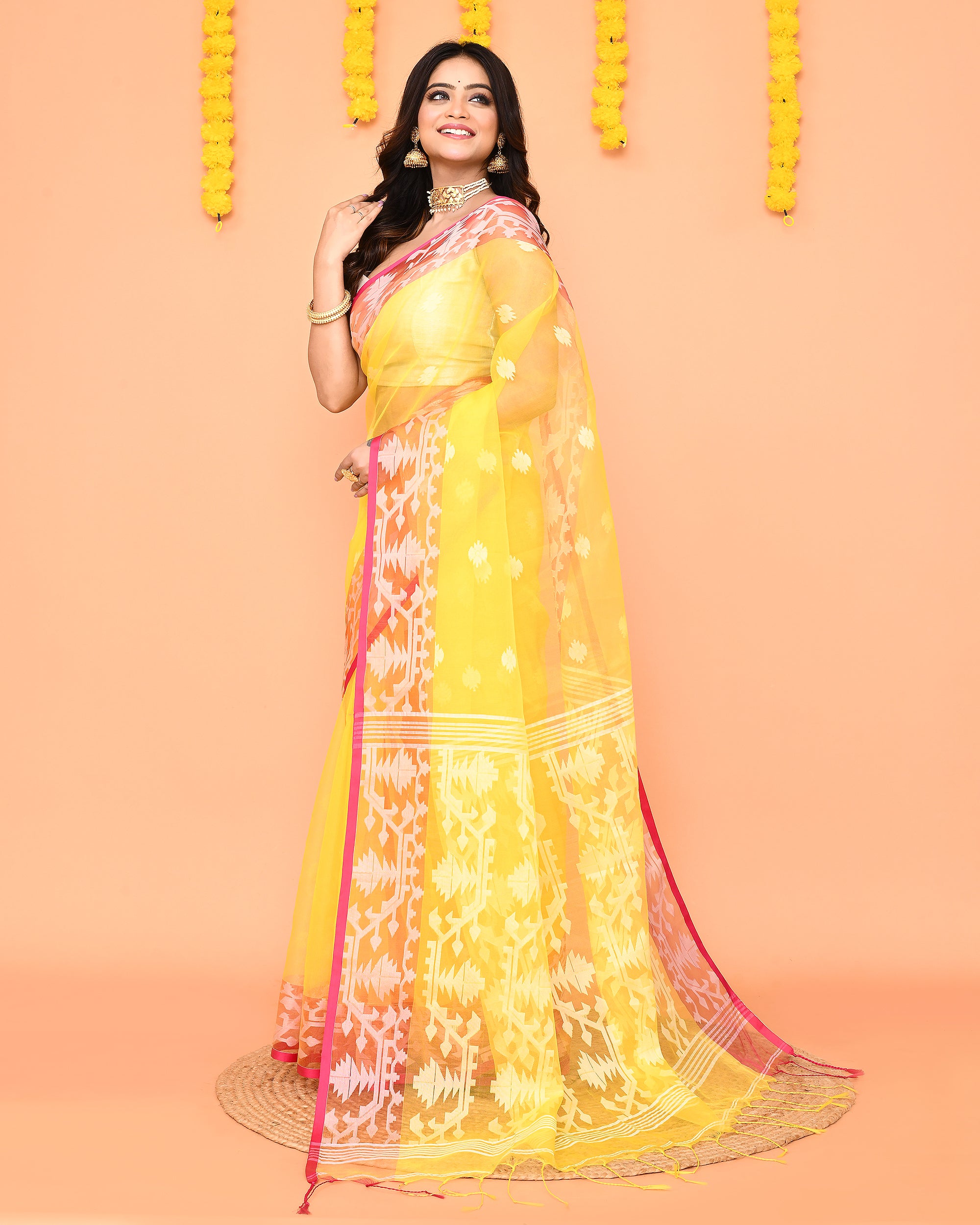 Piyari Fashion Women's Yellow Resham Silk Jamdani Saree