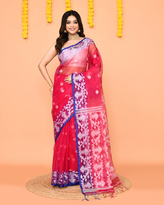 Piyari Fashion Women's Rani Pink Resham Silk Jamdani Saree