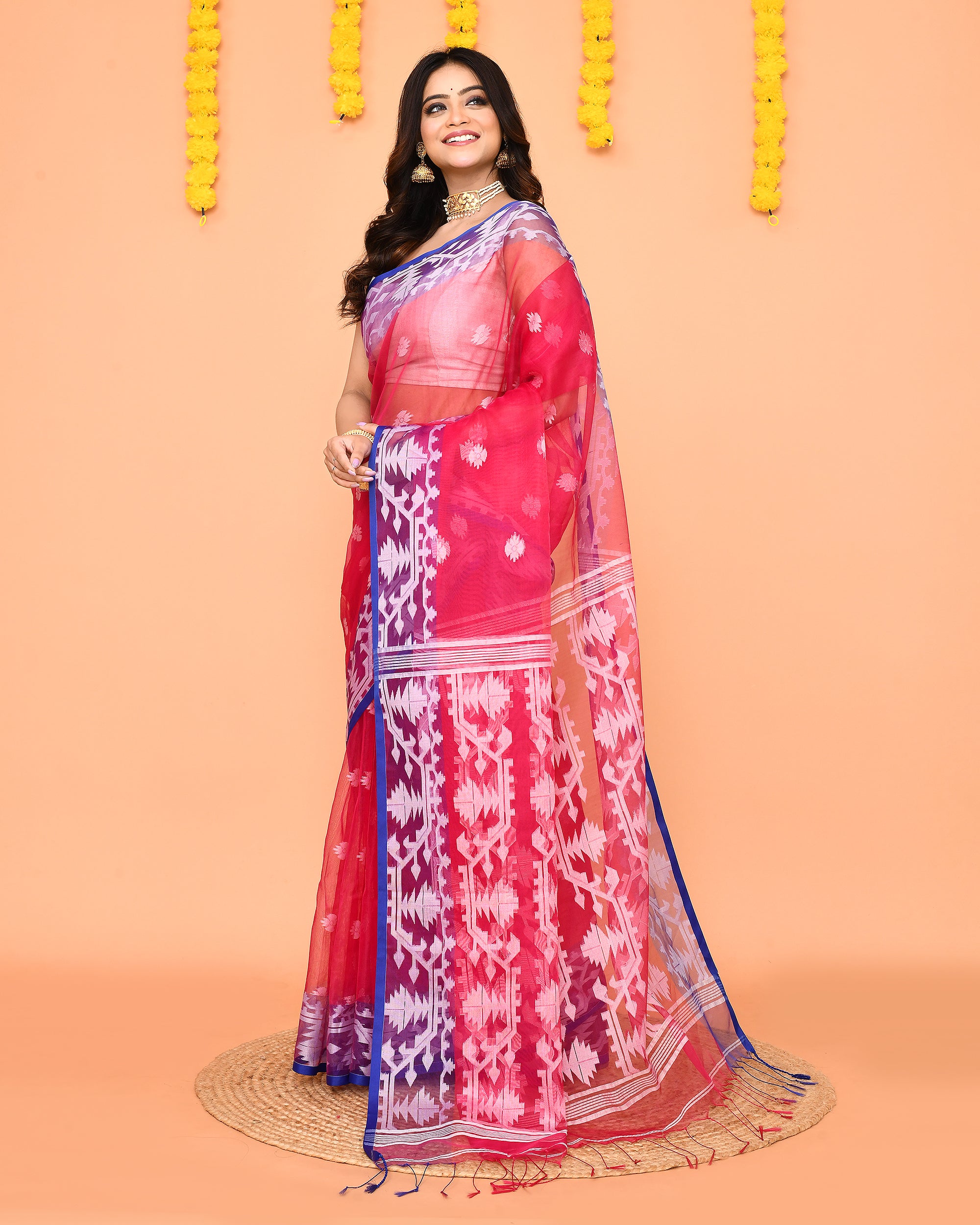 Piyari Fashion Women's Rani Pink Resham Silk Jamdani Saree