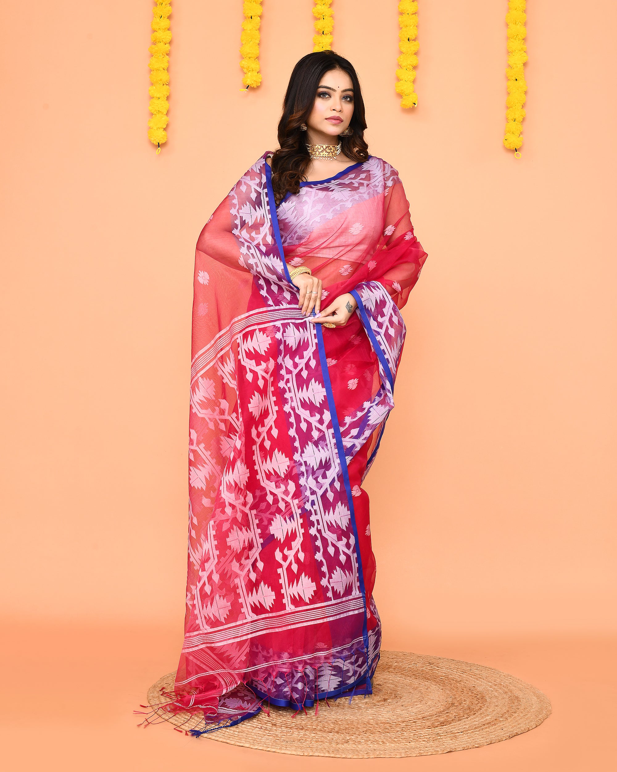 Piyari Fashion Women's Rani Pink Resham Silk Jamdani Saree