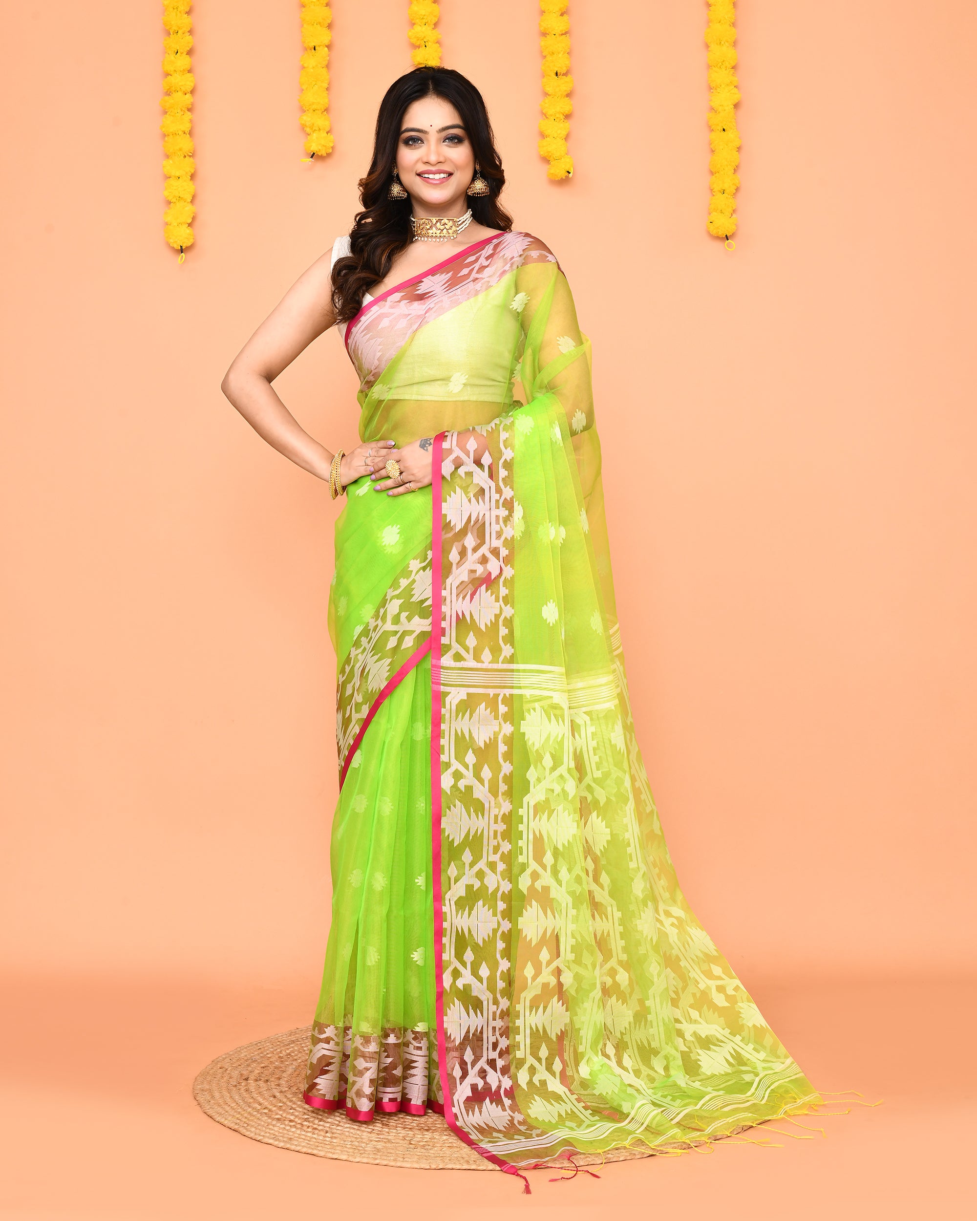 Piyari Fashion Women's Lime Resham Silk Jamdani Saree