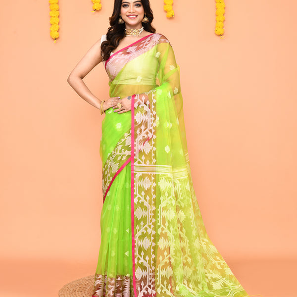Piyari Fashion Women's Lime Resham Silk Jamdani Saree
