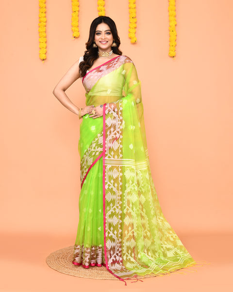 Piyari Fashion Women's Lime Resham Silk Jamdani Saree