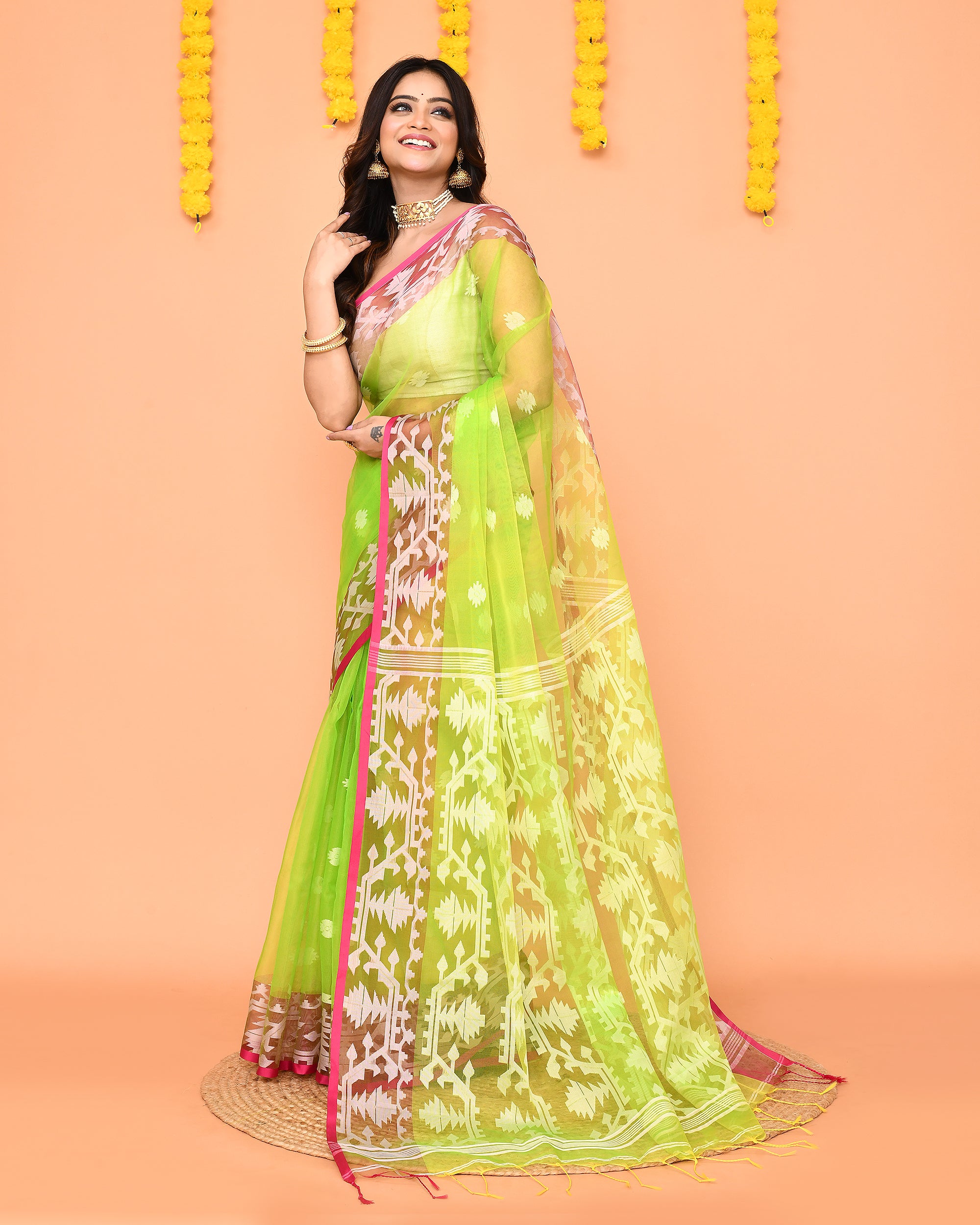 Piyari Fashion Women's Lime Resham Silk Jamdani Saree