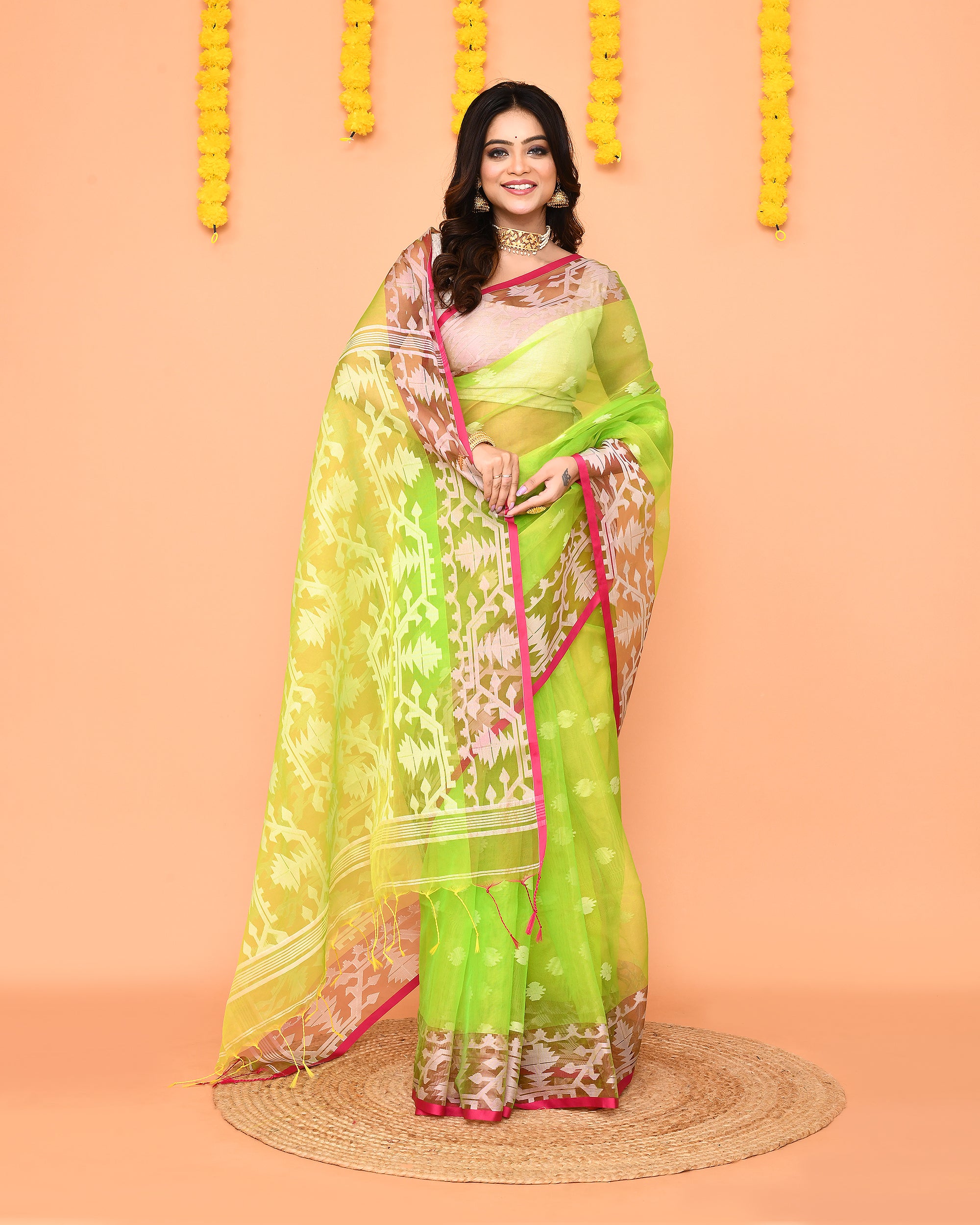 Piyari Fashion Women's Lime Resham Silk Jamdani Saree