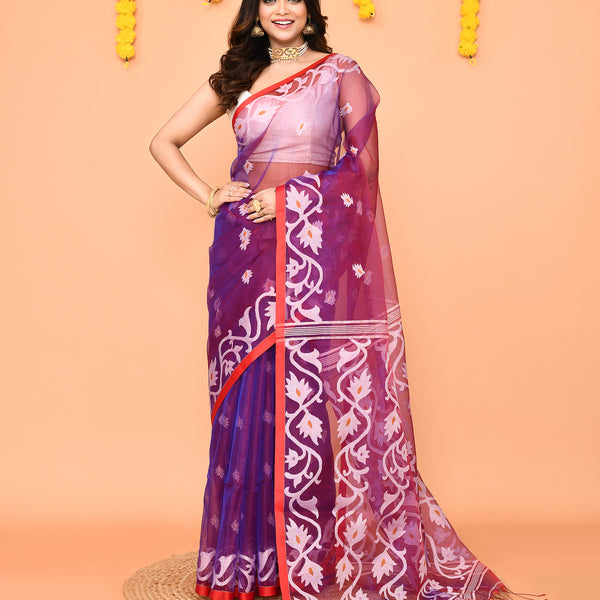 Piyari Fashion Women's Purple Resham Silk Jamdani Saree