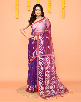 Piyari Fashion Women's Purple Resham Silk Jamdani Saree