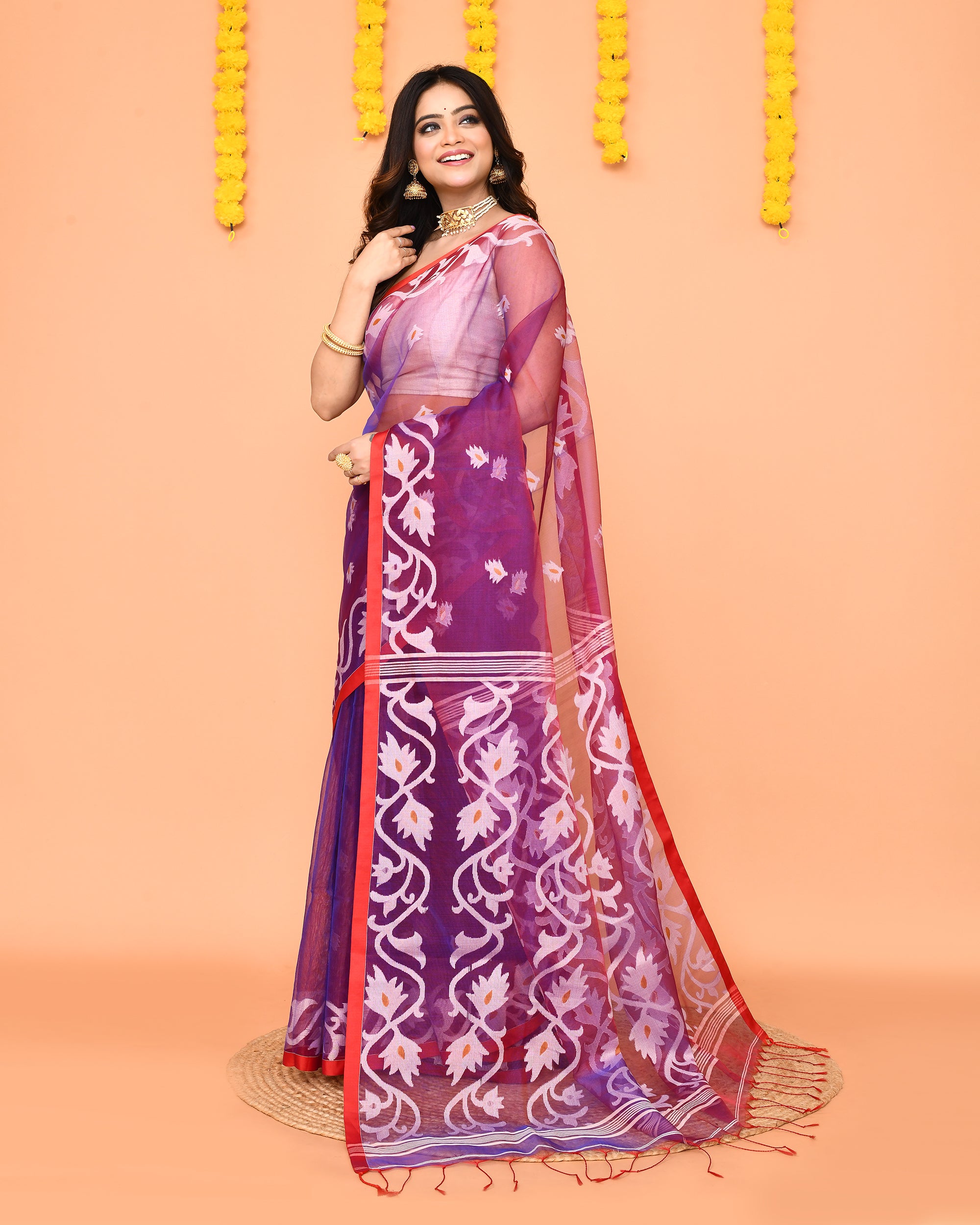 Piyari Fashion Women's Purple Resham Silk Jamdani Saree