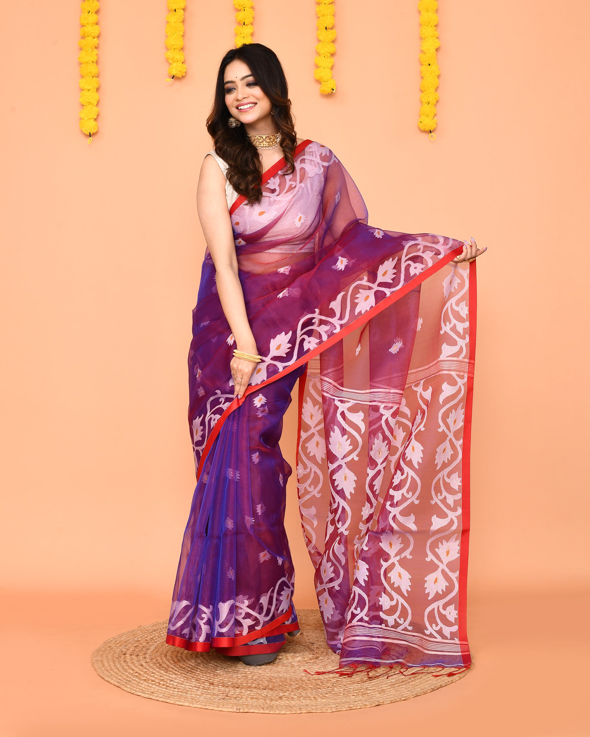 Piyari Fashion Women's Purple Resham Silk Jamdani Saree