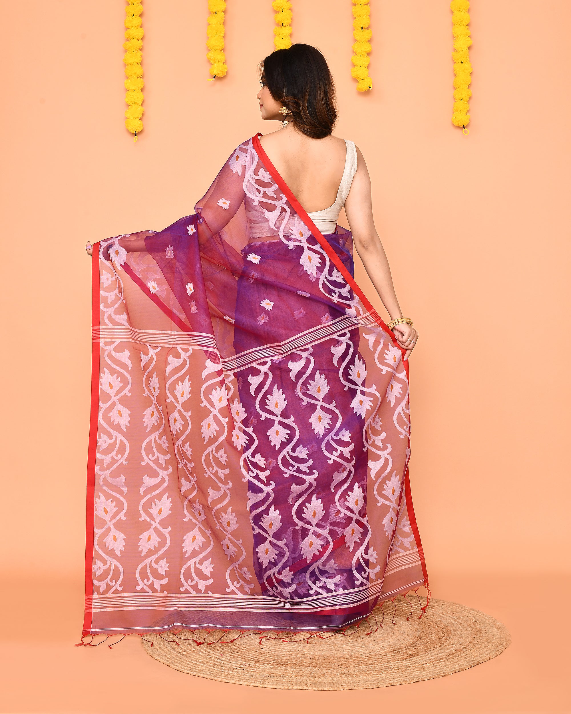 Piyari Fashion Women's Purple Resham Silk Jamdani Saree