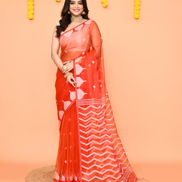 Piyari Fashion Women's Orange Resham Silk Jamdani Saree