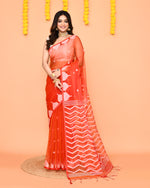 Thumbnail for Piyari Fashion Women's Orange Resham Silk Jamdani Saree