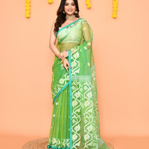 Piyari Fashion Women's Green Resham Silk Jamdani Saree