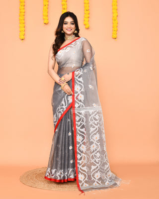 Piyari Fashion Women's Grey Resham Silk Jamdani Saree