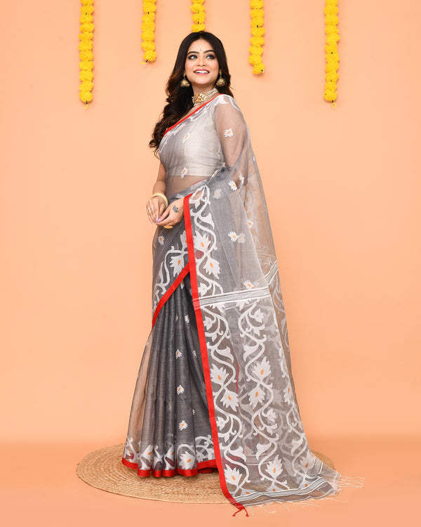 Piyari Fashion Women's Grey Resham Silk Jamdani Saree