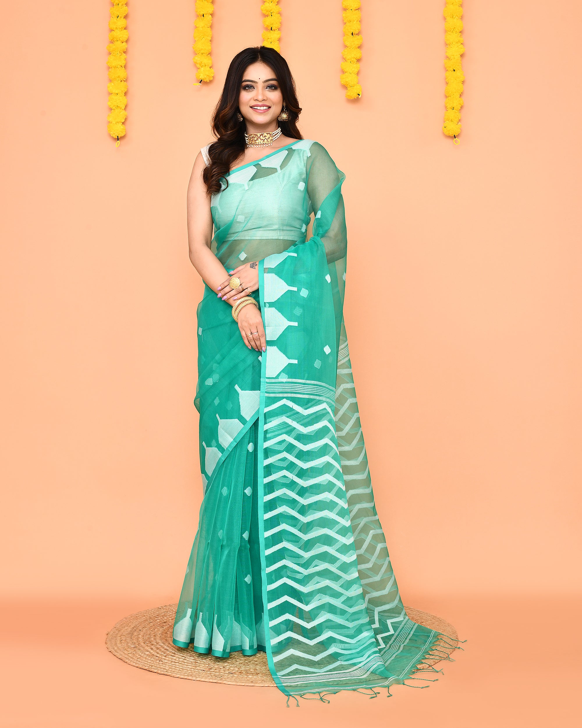 Piyari Fashion Women's Turquoise Resham Silk Jamdani Saree