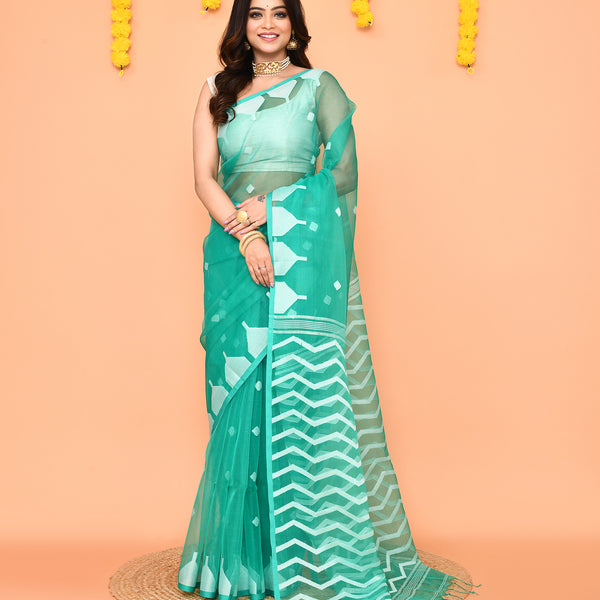 Piyari Fashion Women's Turquoise Resham Silk Jamdani Saree