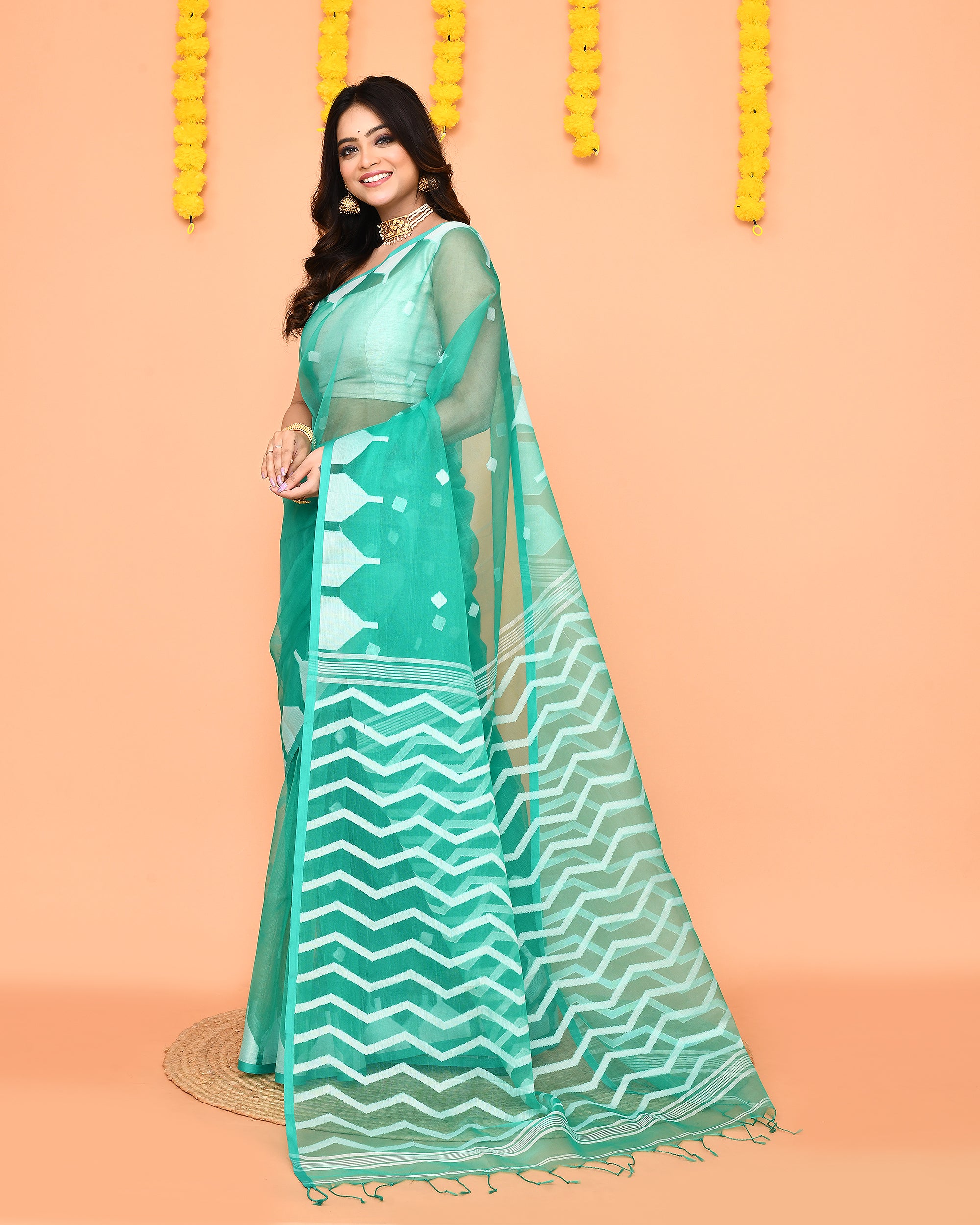 Piyari Fashion Women's Turquoise Resham Silk Jamdani Saree